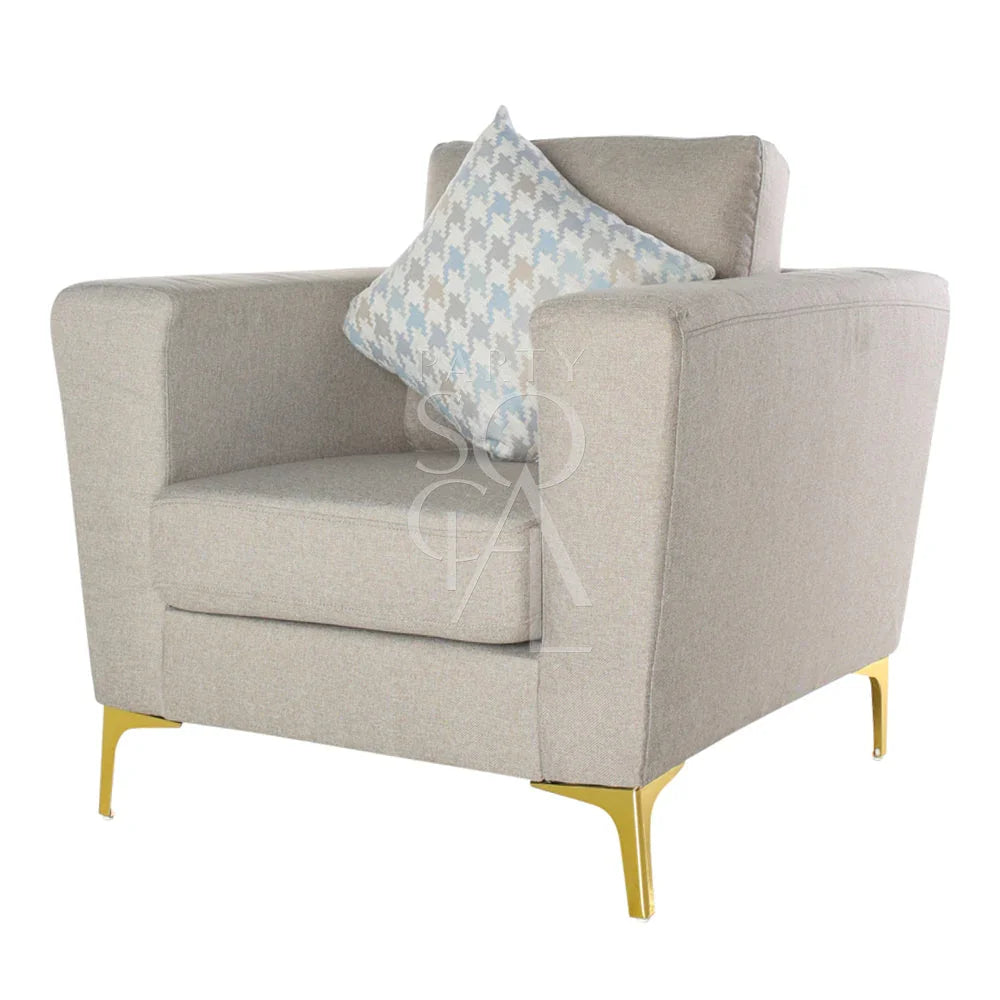 SAND FABRIC SOFA SINGLE SEATER with pillow, featuring modern design and gold legs, ideal for lounge seating. Perfect for events and social gatherings.