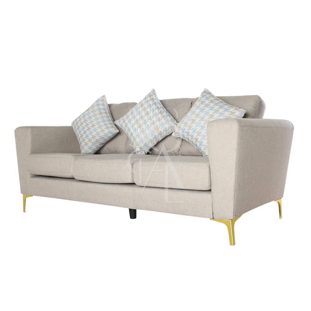 SAND FABRIC SOFA 3-SEATER with pillows, offering modern lounge seating in dark sand fabric, suitable for party and event settings.