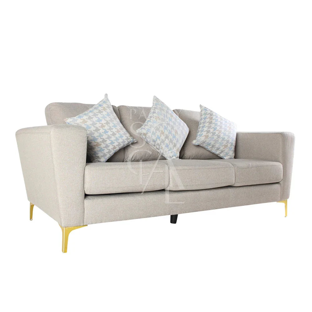 SAND FABRIC SOFA 3-SEATER with plush pillows, ideal for modern lounge seating. Perfect for enhancing comfort at events or gatherings.