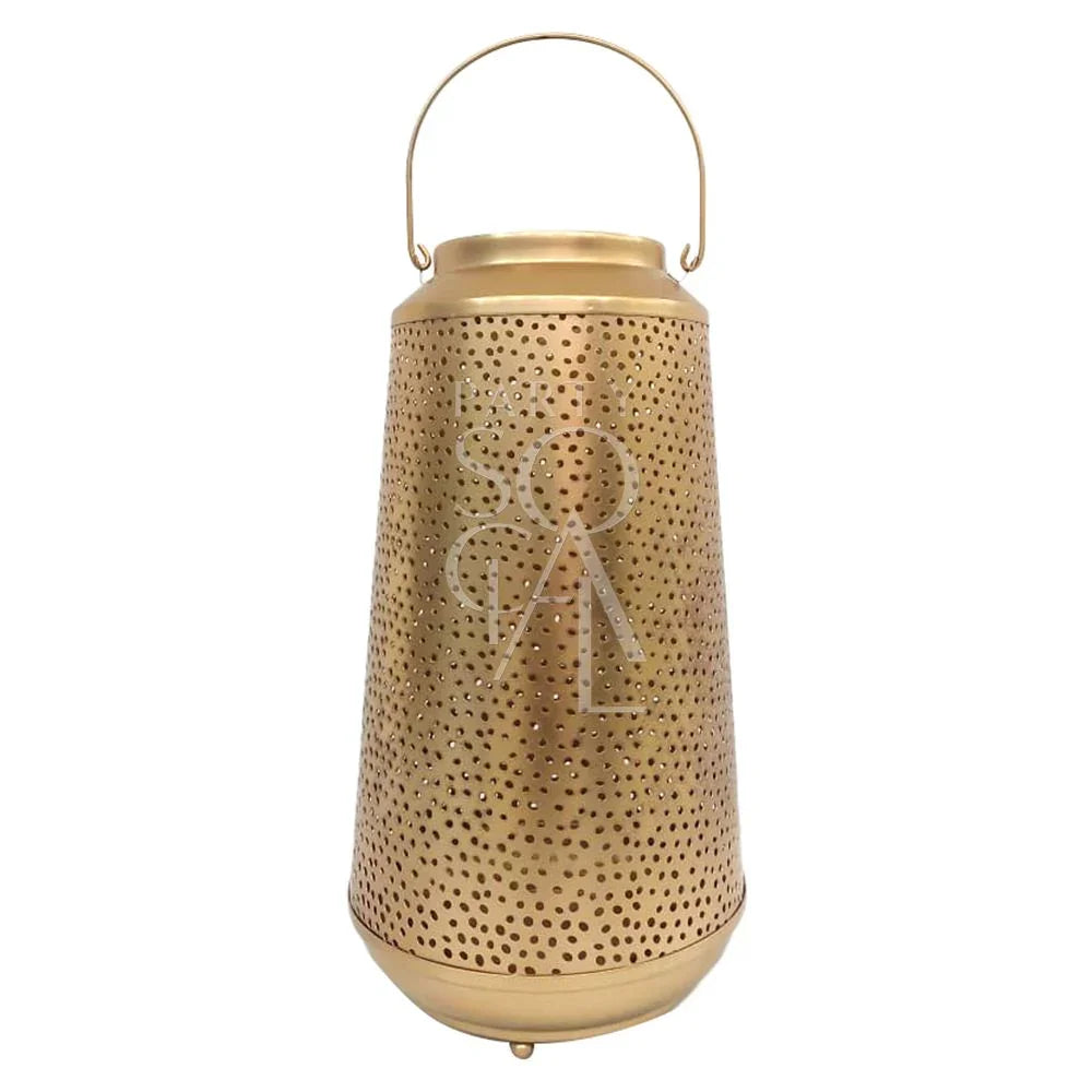 Vintage Gold Lantern with decorative holes, ideal for candle lighting, 35cm tall, suitable for party and event settings.