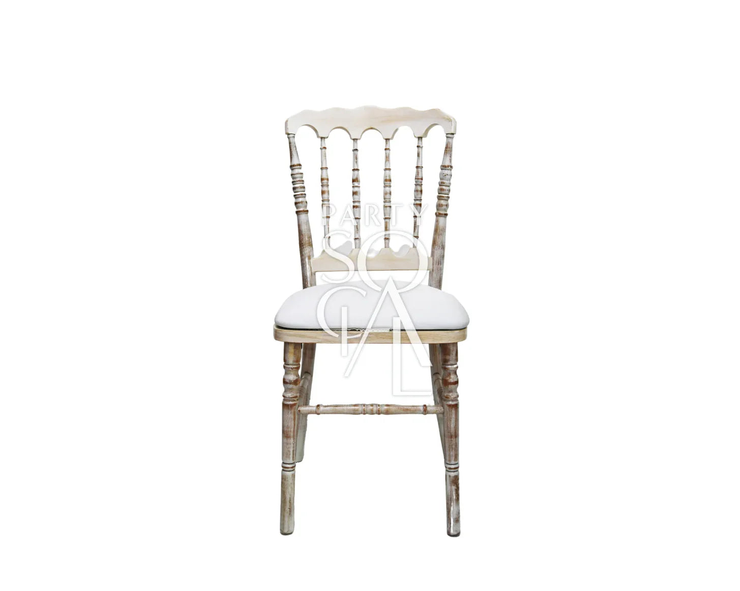 NAPOLEON CREAMWASH CHAIR with a white cushion, ideal for weddings and corporate events with its rustic, versatile design.
