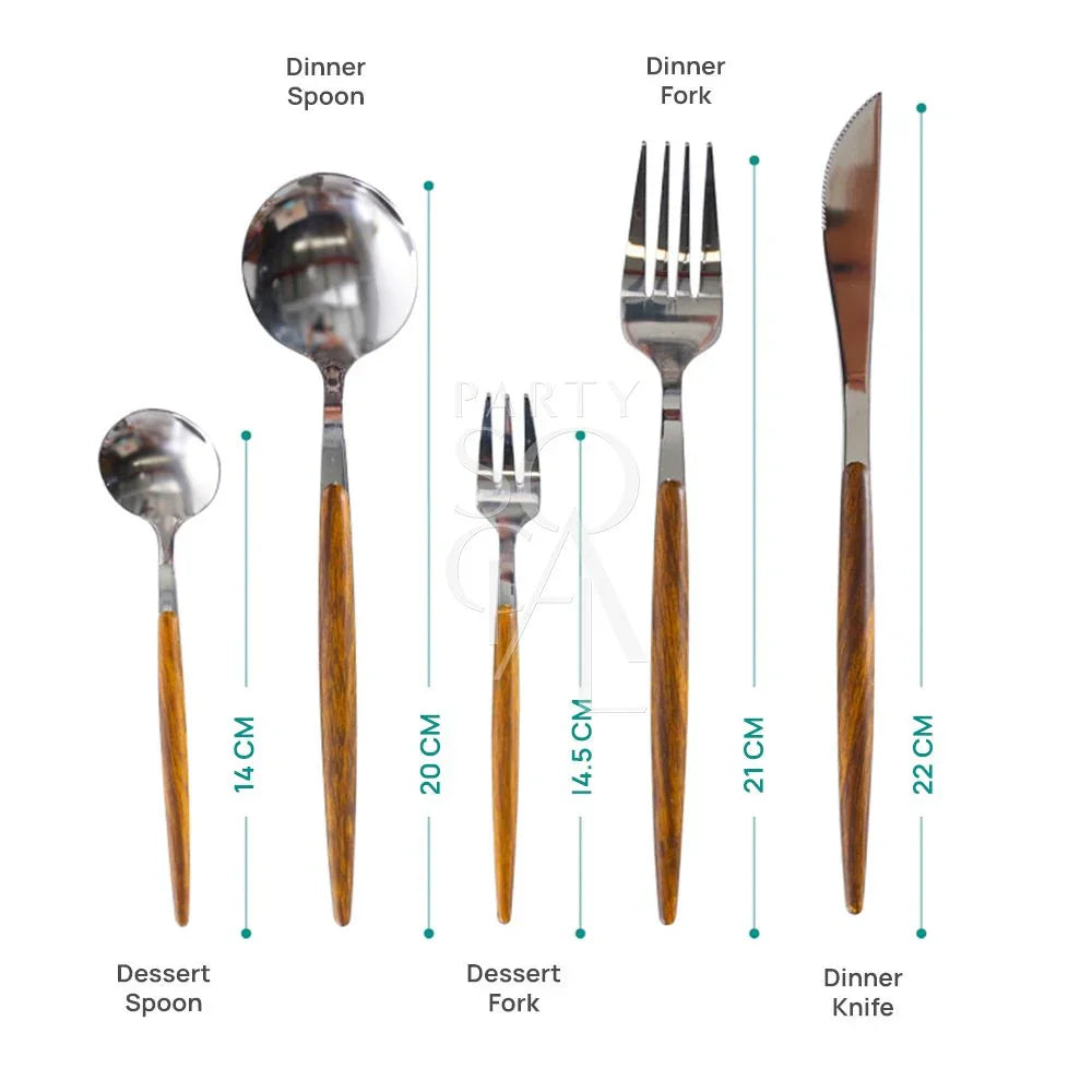 Cutlery Wooden Silver set featuring a spoon, fork, knife, and additional spoon, all with distinctive wooden handles, designed for enhancing special event dining experiences.