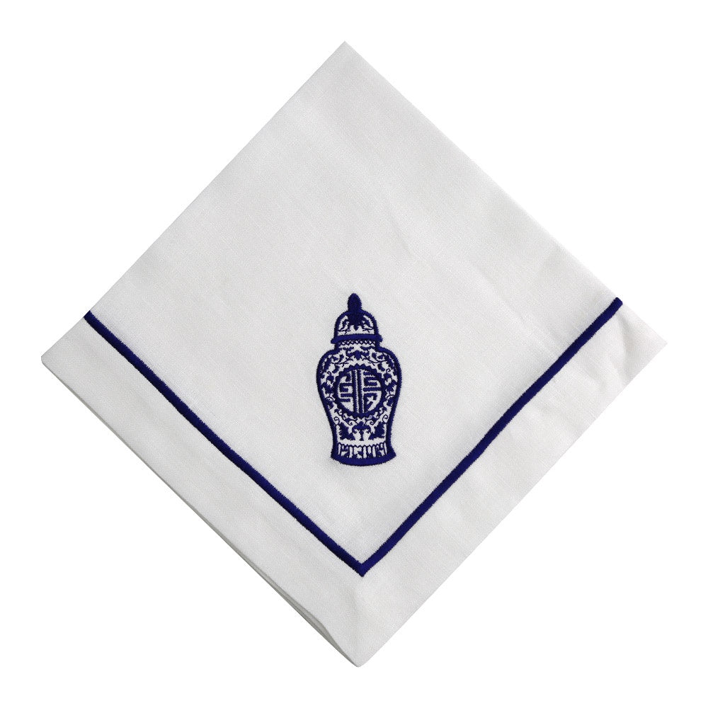 Blue Chinoiserie Pure Linen Dinner Napkin - 2 per pack, a white handkerchief with a delicate embroidered design.