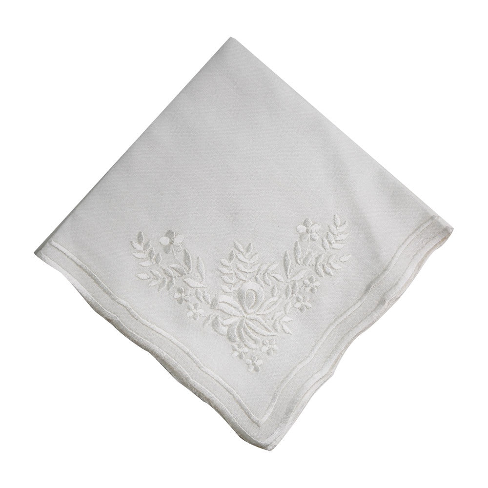 White Vintage Pure Linen Dinner Napkin with Floral Design - 2 per pack