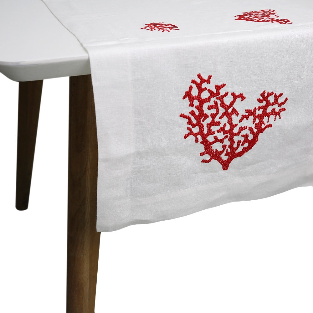 Red Coral Pure Linen Runner on Table