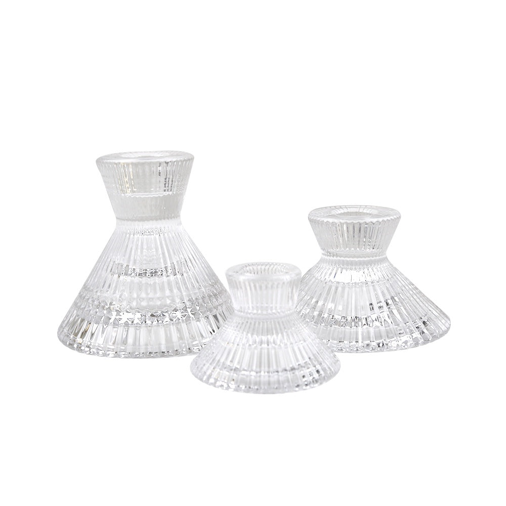 Glass candle holders with ruffles design for tealight and tapered candles, elegant and stylish.