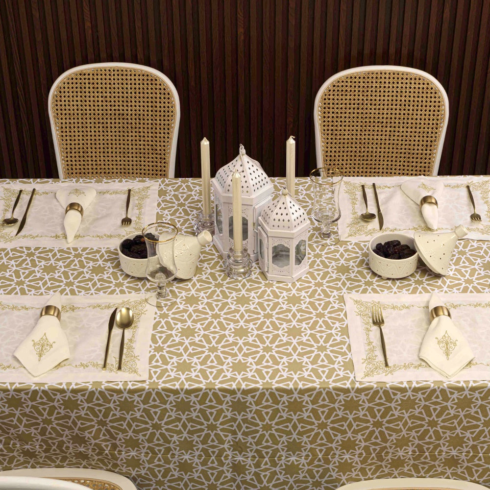 Geometric patterned tablecloth with premium look for dinner table, easy to wash and reuse.