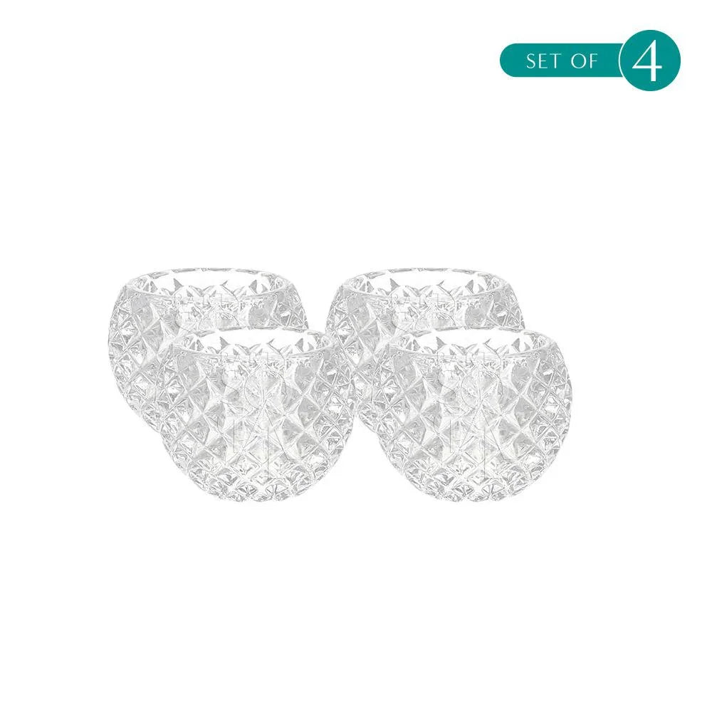 Crystal Tea Light Candle Holder set of four, 6cm H x 6.5cm Dia. Elegant crystal glasses for parties and events. Candles sold separately. Perfect for weddings, birthdays, and special occasions. Tableware from Party Social Dubai.