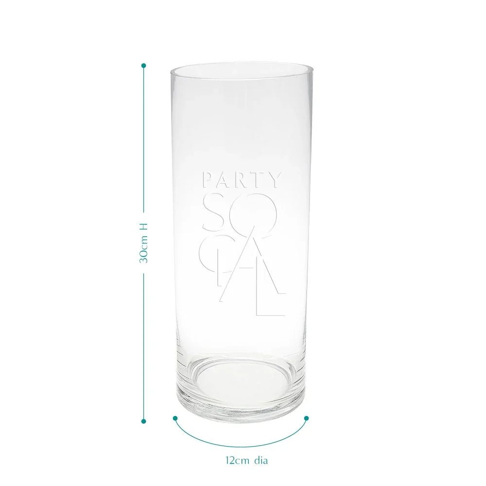 Cylinder glass vases in various sizes for elegant table decor. Perfect for flowers or candles. Enhance your event with Party Social&