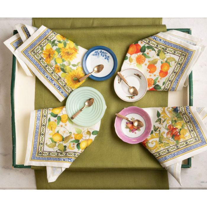Amalfi Pure Linen Napkin-4 per pack displayed on platter with spoons and plates.