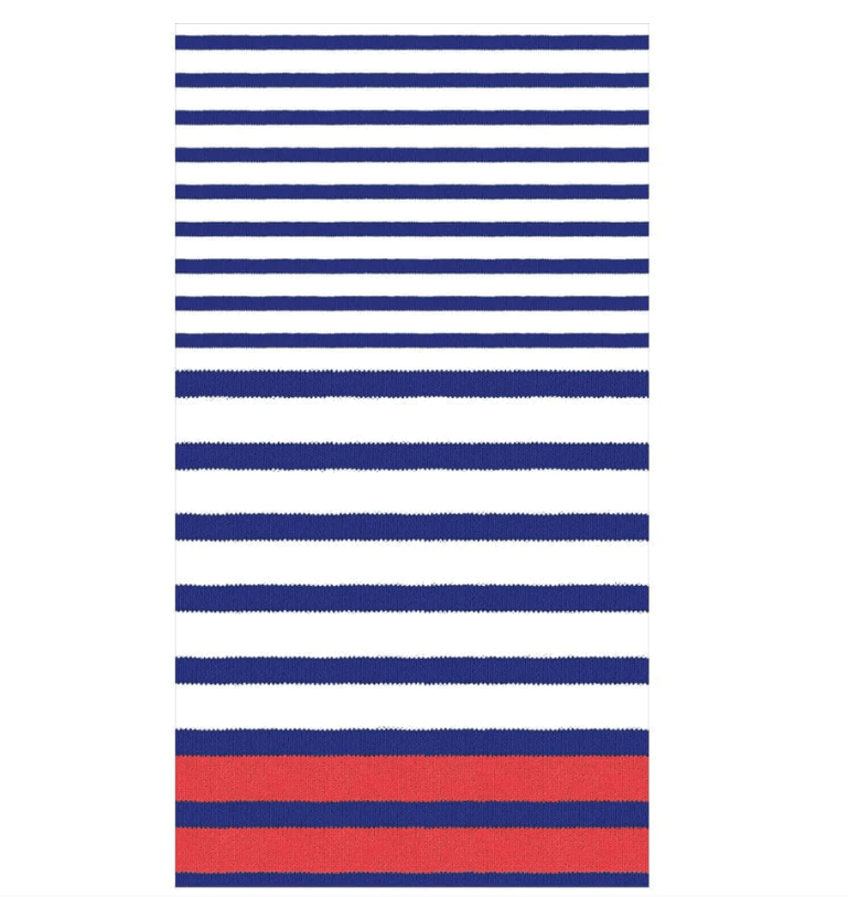 Blue and white striped guest towel napkins, featuring a pattern of lines. Triple-ply and eco-friendly. 15pcs per package.