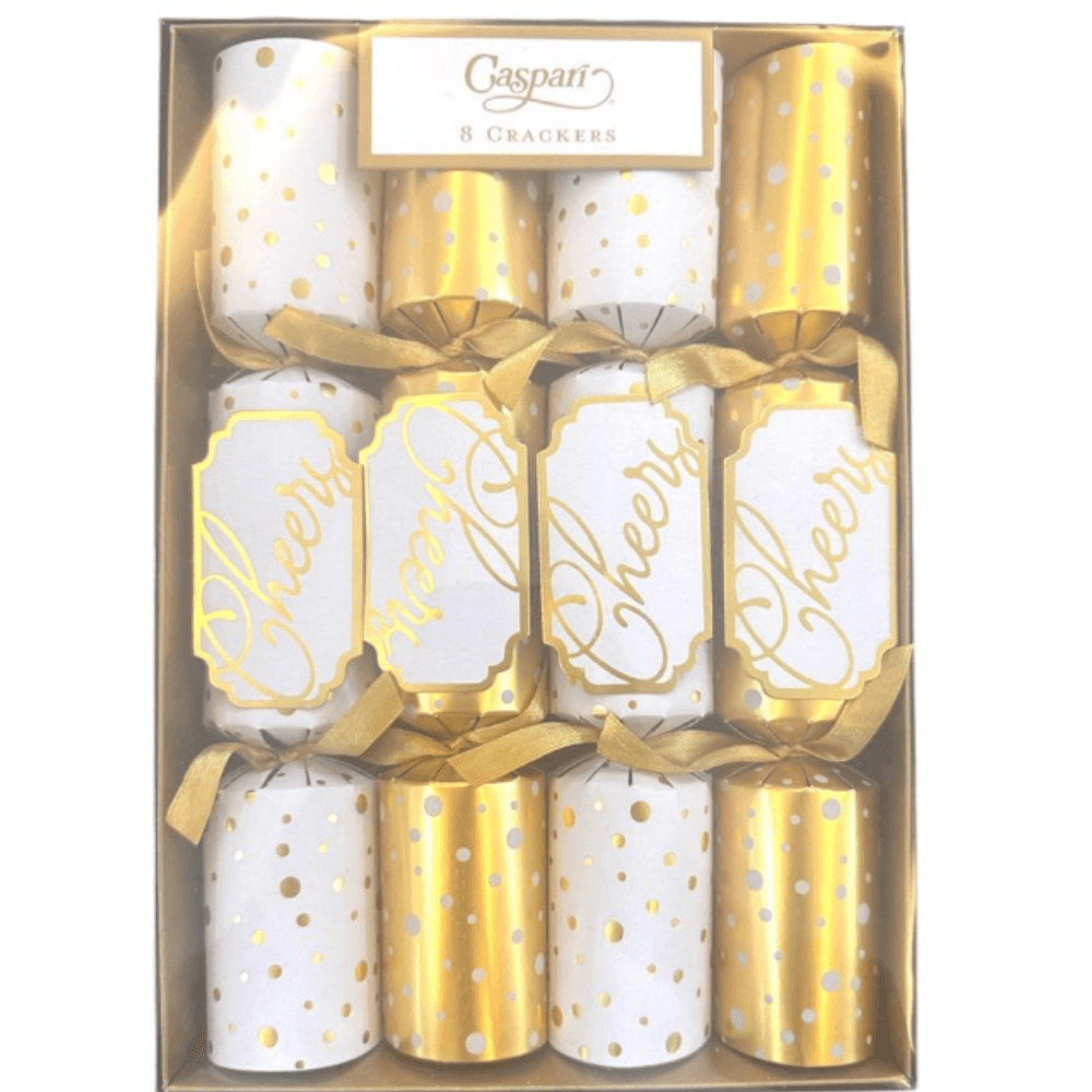 Cheers to You Christmas Crackers in Gold & white - 8 Per Box, a box of crackers with a beautiful design and color, perfect for adding the final touch to your Christmas-themed table setting.