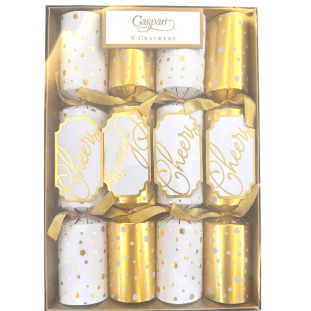 Cheers to You Christmas Crackers in Gold & white - 8 Per Box, a box of crackers with a beautiful design and color, perfect for adding the final touch to your Christmas-themed table setting.