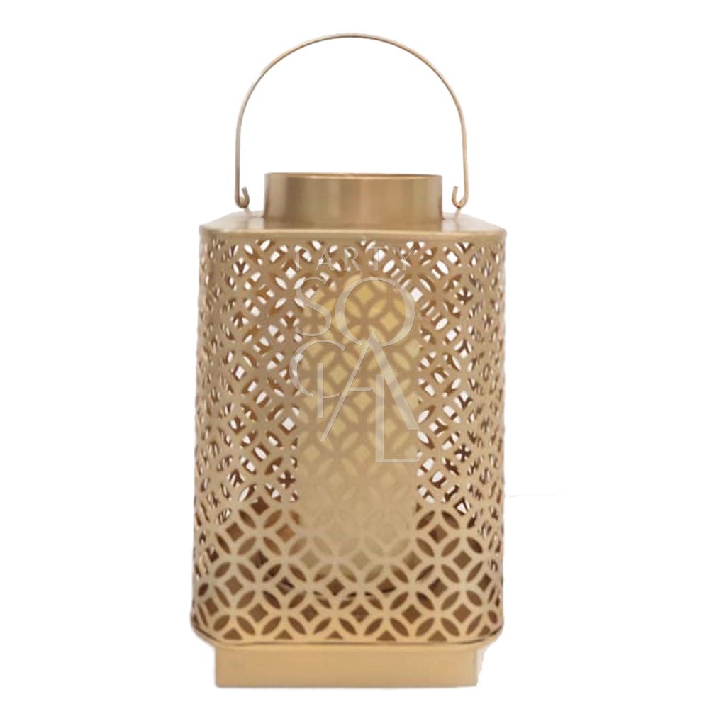 A gold square lantern with a handle, ideal for lighting up events. Dimensions: 30cm H x 18cm W. Perfect for weddings, parties, and special occasions. Tableware rentals from Party Social Dubai.