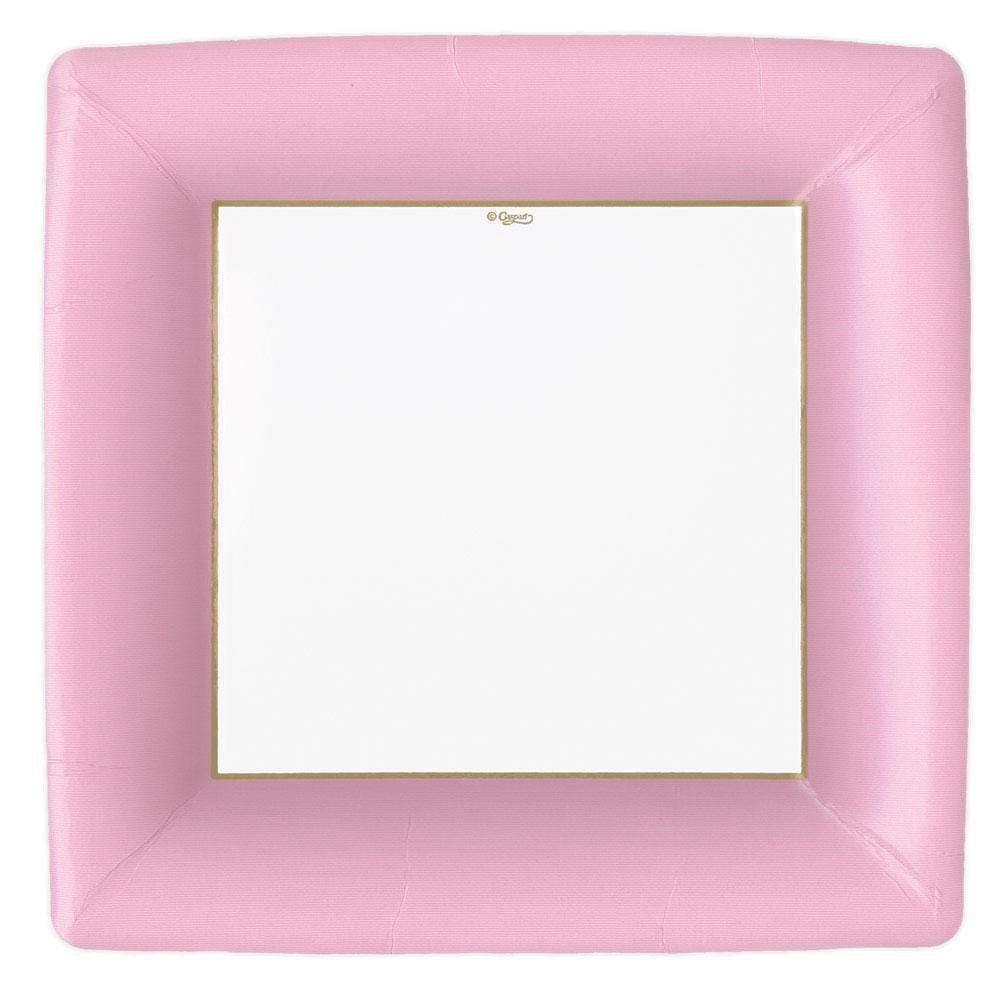 A pink square plate with a white square inside, perfect for elegant table settings. Caspari&