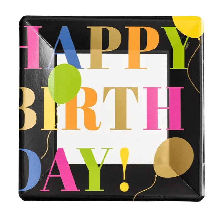 Happy Birthday Salad & Dessert Plate with colorful text on a black square frame. Elevate your table setting with this elegant paper dinnerware.