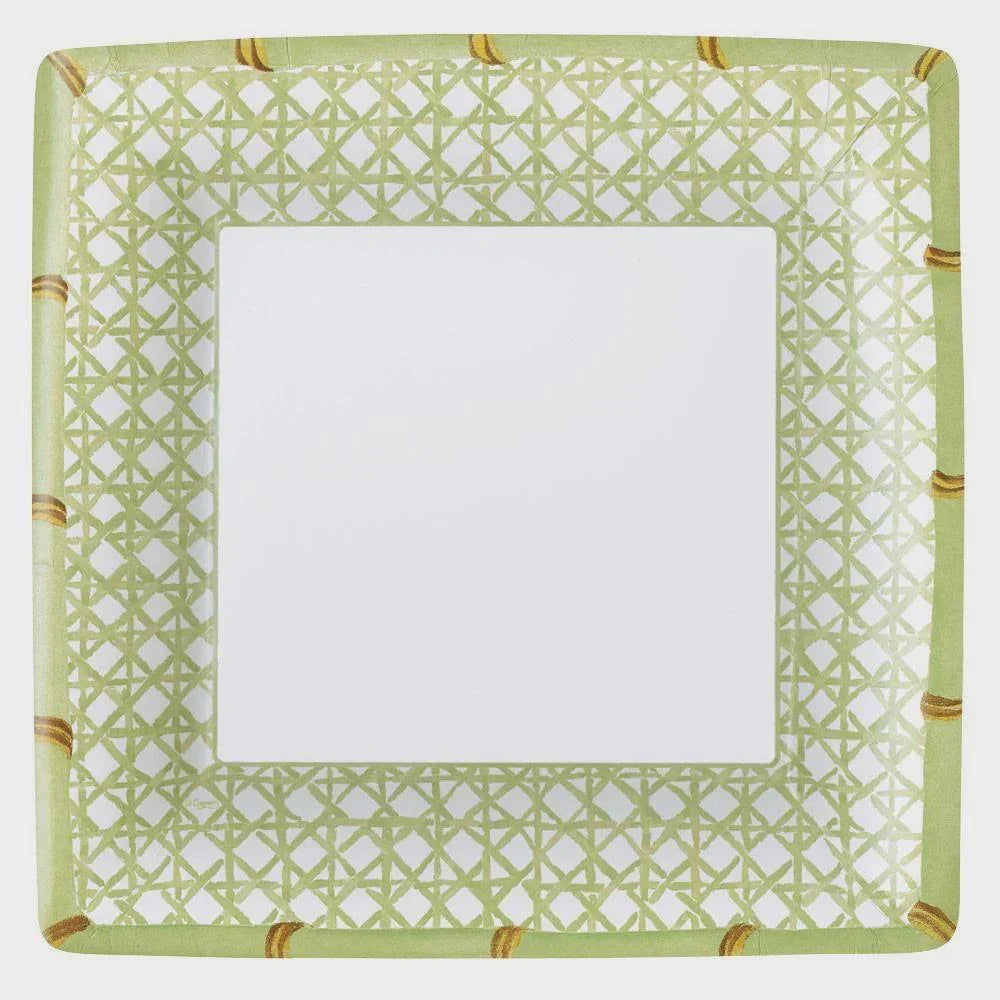 Square Caspari Holly Trellis Paper Dinner Plates with elegant green design, 8 per package, perfect for any party or event.
