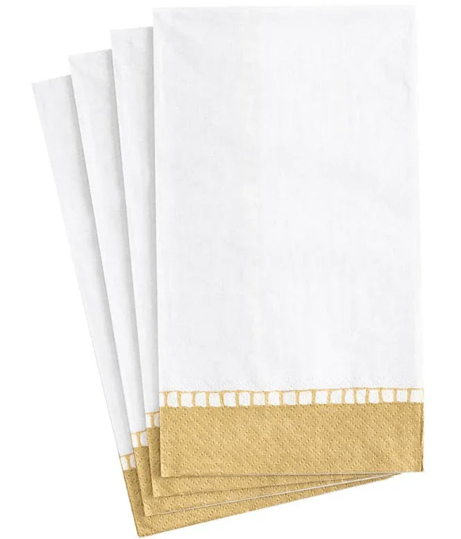 Linen Border Paper Guest Towel Napkins in Gold - 15 Per Package, a stack of elegant and eco-friendly napkins for any occasion. Triple-ply, FSC-certified, and made with nontoxic dyes.