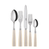 Pearl Cutlery Set of 5: Close-up of stylish silverware with white handles, including knives, perfect for elevating any table setup.