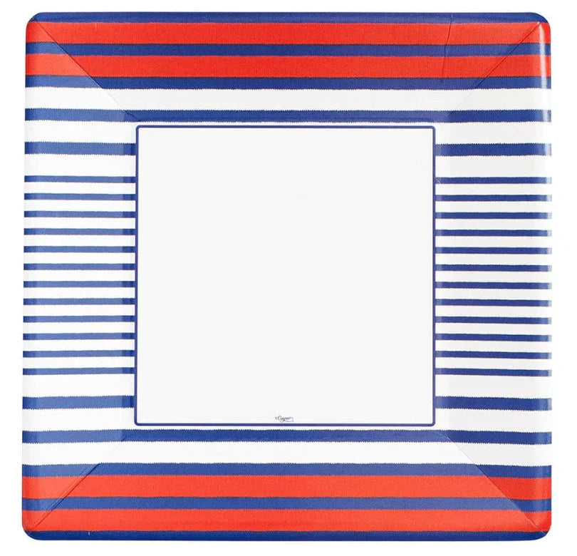 Red and blue striped dinner plates, resembling fine porcelain, elevate any table setting. Effortless cleanup and care-free use. 8 per package.