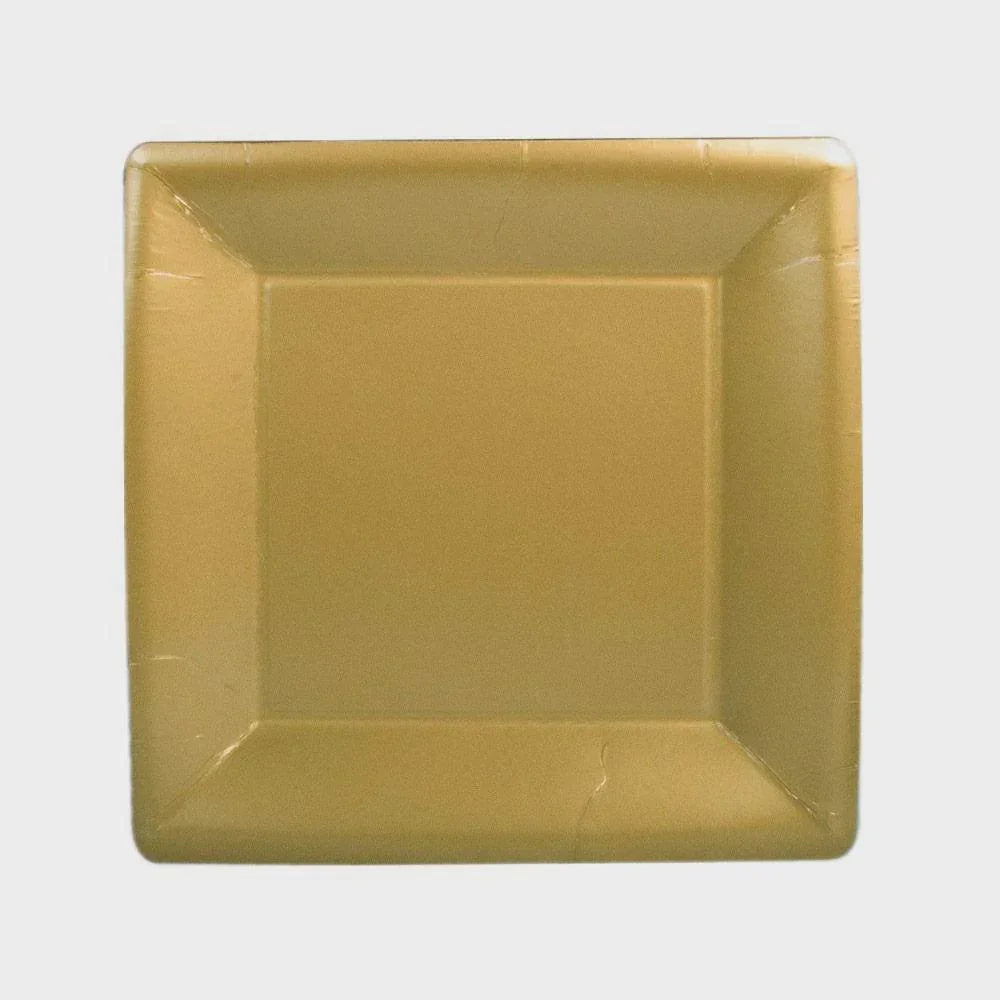 A cracked square paper plate, part of the Solid Square Paper Salad & Dessert Plates in Gold - 8 Per Package collection by Caspari.