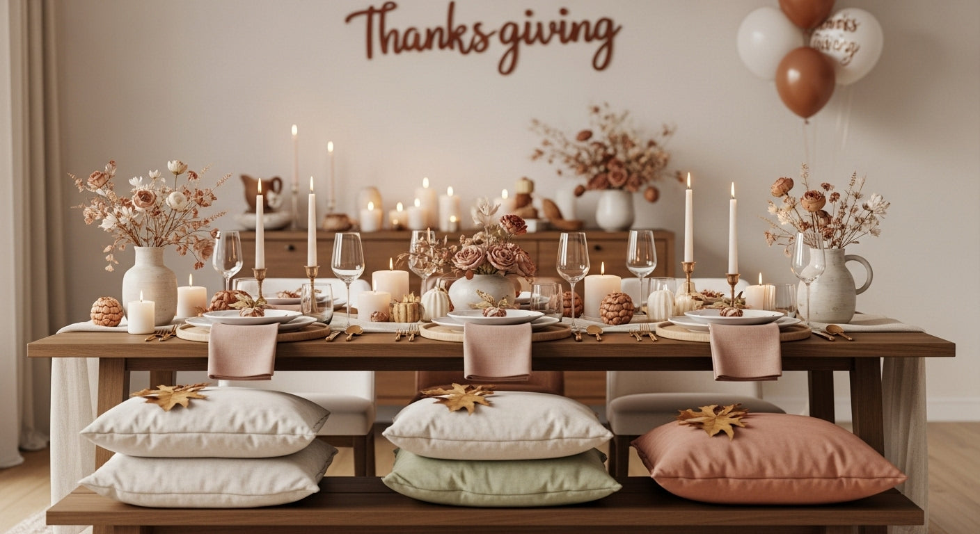 Elegant Friendsgiving tablescape featuring warm-toned linens, golden cutlery, and cozy candlelight, creating an inviting and festive dining setup.