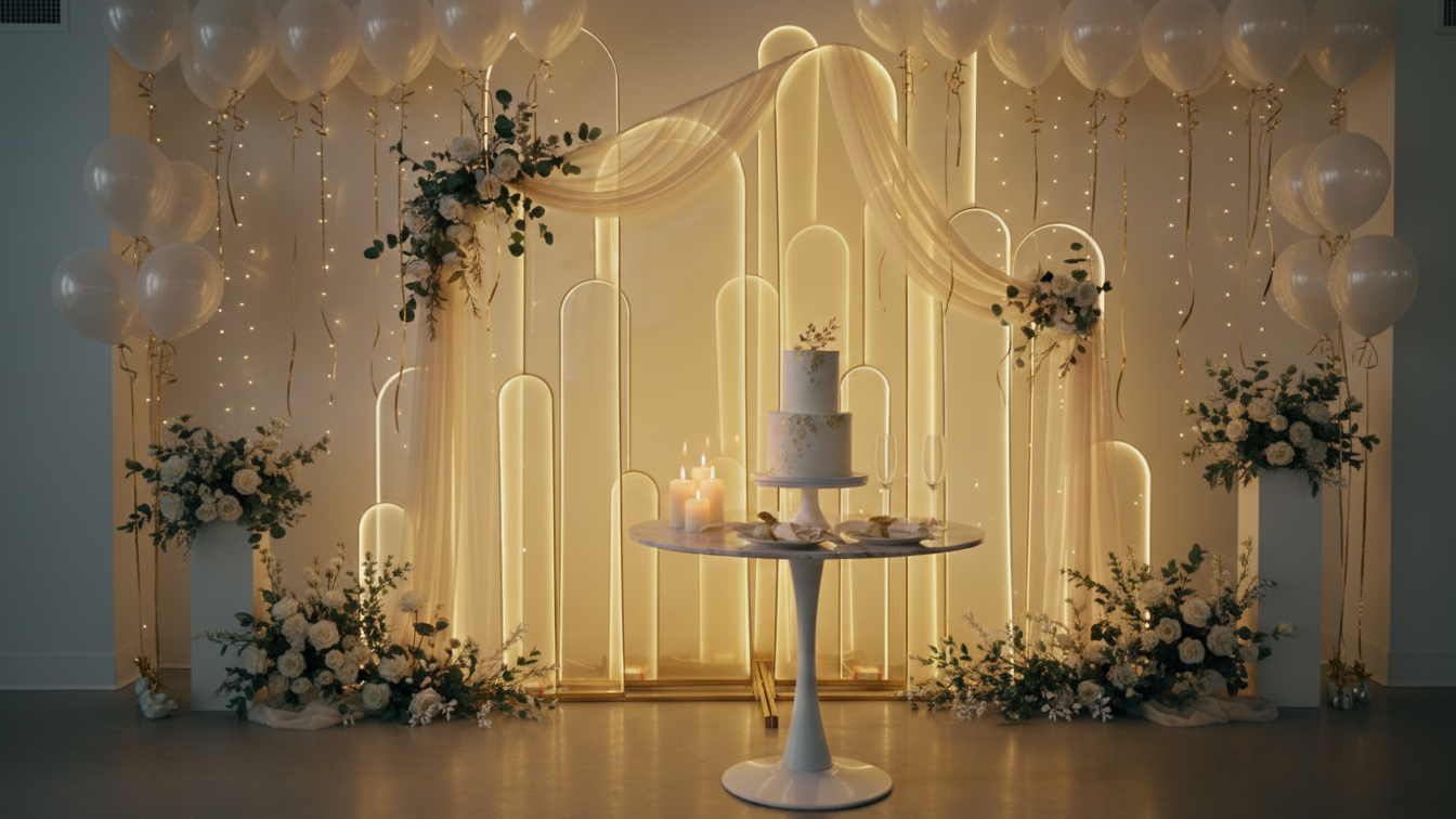 Gold LED arch backdrop panels for a luxury party setup