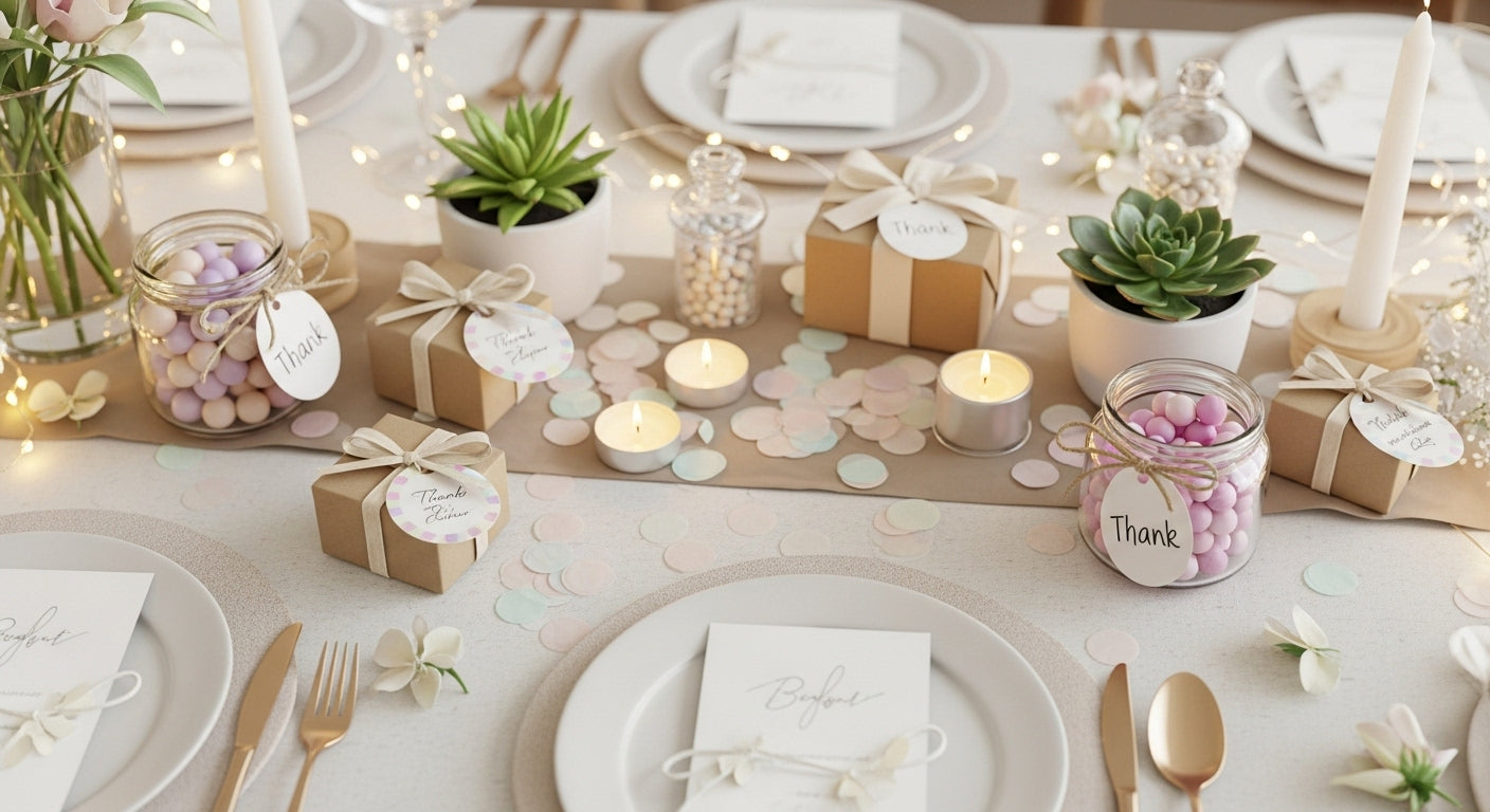 A beautifully arranged table setting with elegant party favors, including wrapped gifts, candles, and delicate tableware, styled for a celebration.