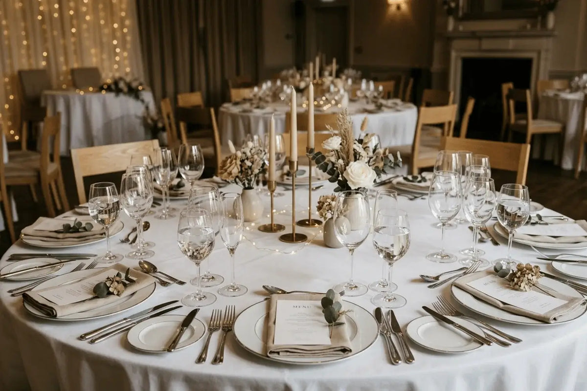 A clean event table setup with multiple glasses per place setting, including wine glasses, water glasses, and champagne flutes