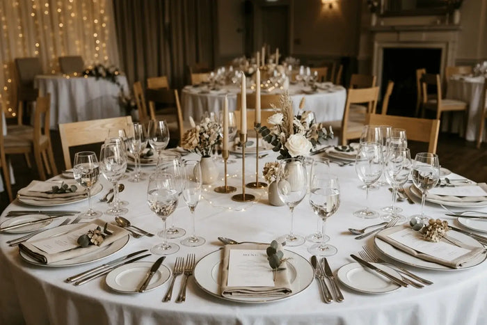 A clean event table setup with multiple glasses per place setting, including wine glasses, water glasses, and champagne flutes