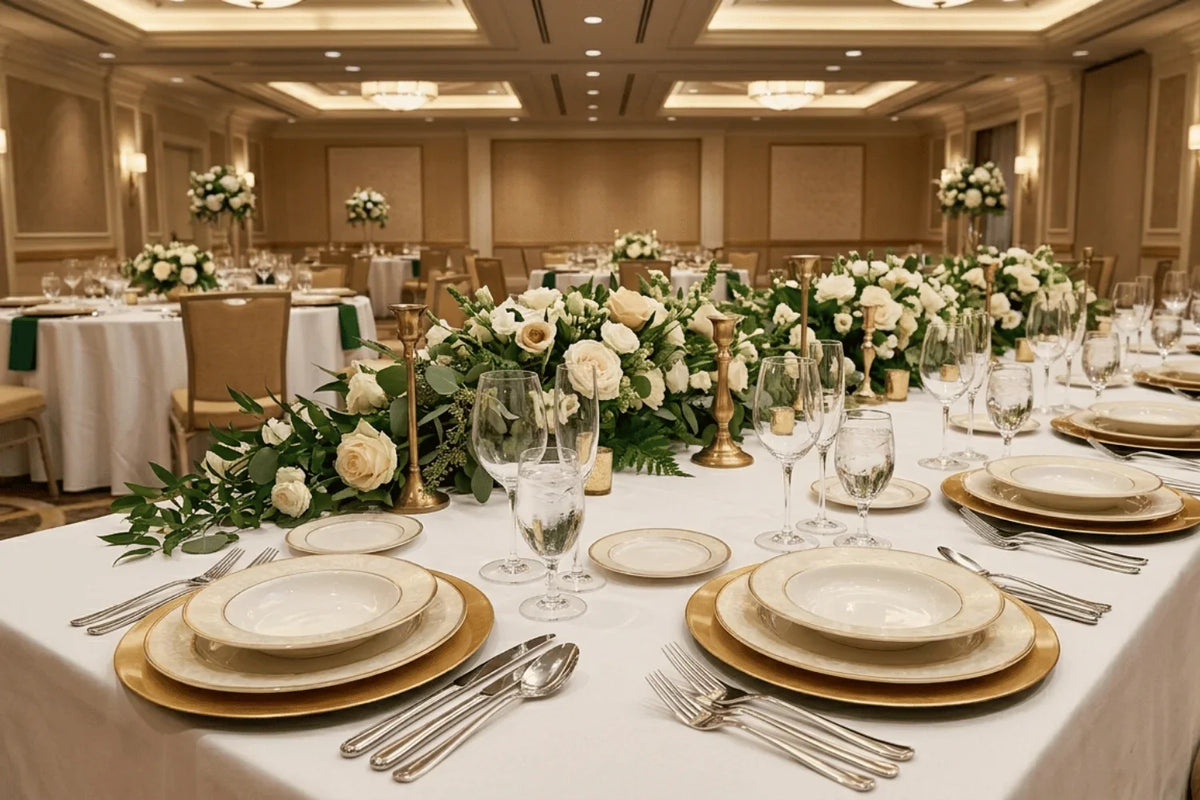 An elegant event hall featuring a long dining table meticulously set with layered porcelain dinnerware, including large dinner plates, chargers, and bread plates.