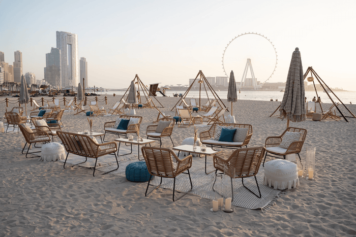 Boho Beach Party in Dubai with all furniture and event styling by Party Social Event Rentals UAE