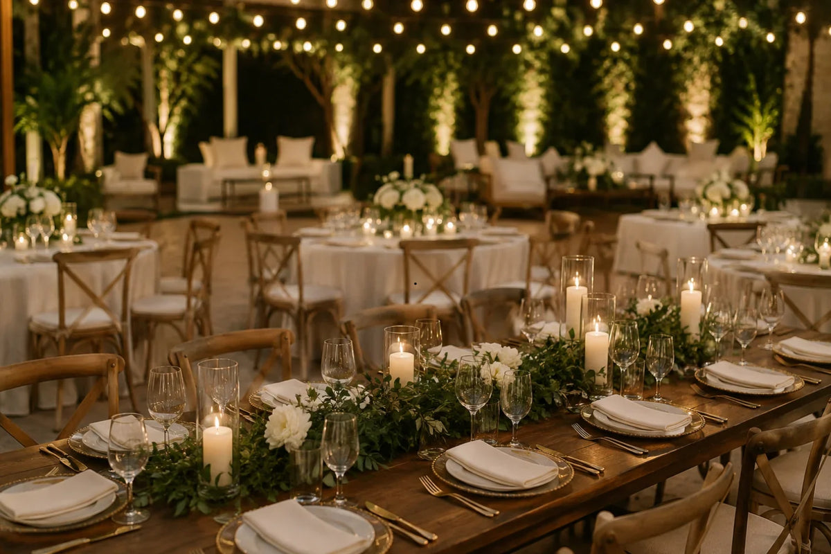Elegant party venue with round dining tables, lounge seating, floral centerpieces, and warm string lights, illustrating a versatile event setup that works well for both assigned seating and open seating arrangements.