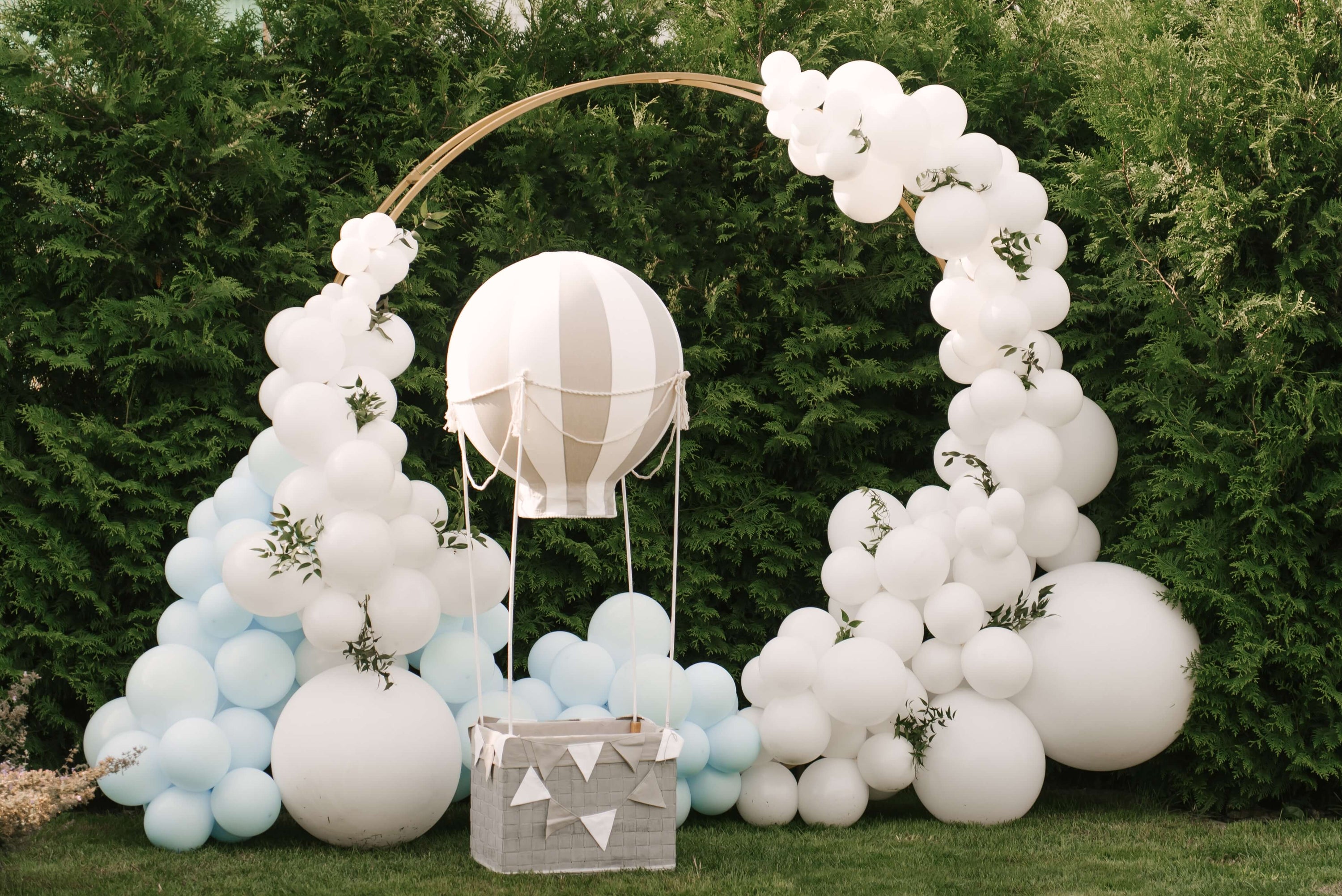 Charming baby shower backdrop with hot air balloon 