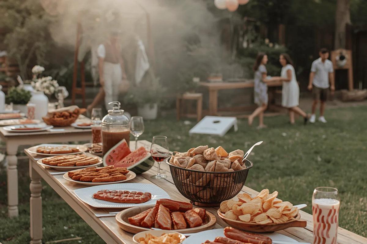 Backyard BBQ baby shower setup, outdoor setting with simple tables, hot dogs, burgers, chips
