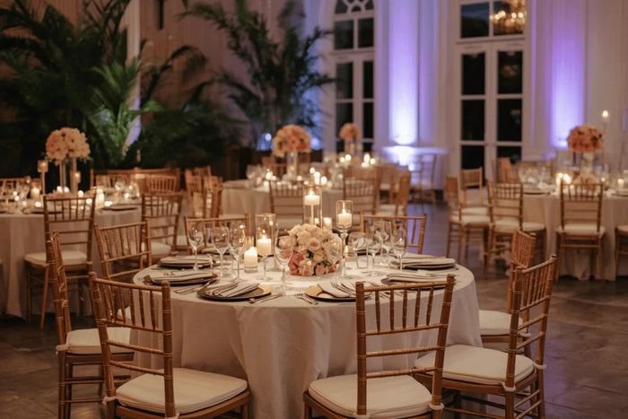 Beautifully arranged event setup ready for guests, with decorated table, matching chairs, candles, and lighting