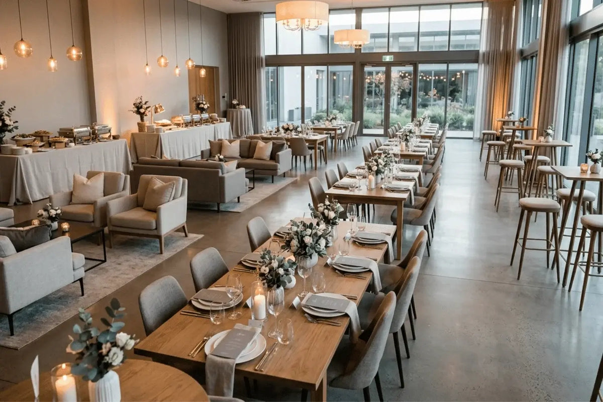 birthday celebration setup for a large group inside an elegant modern event venue