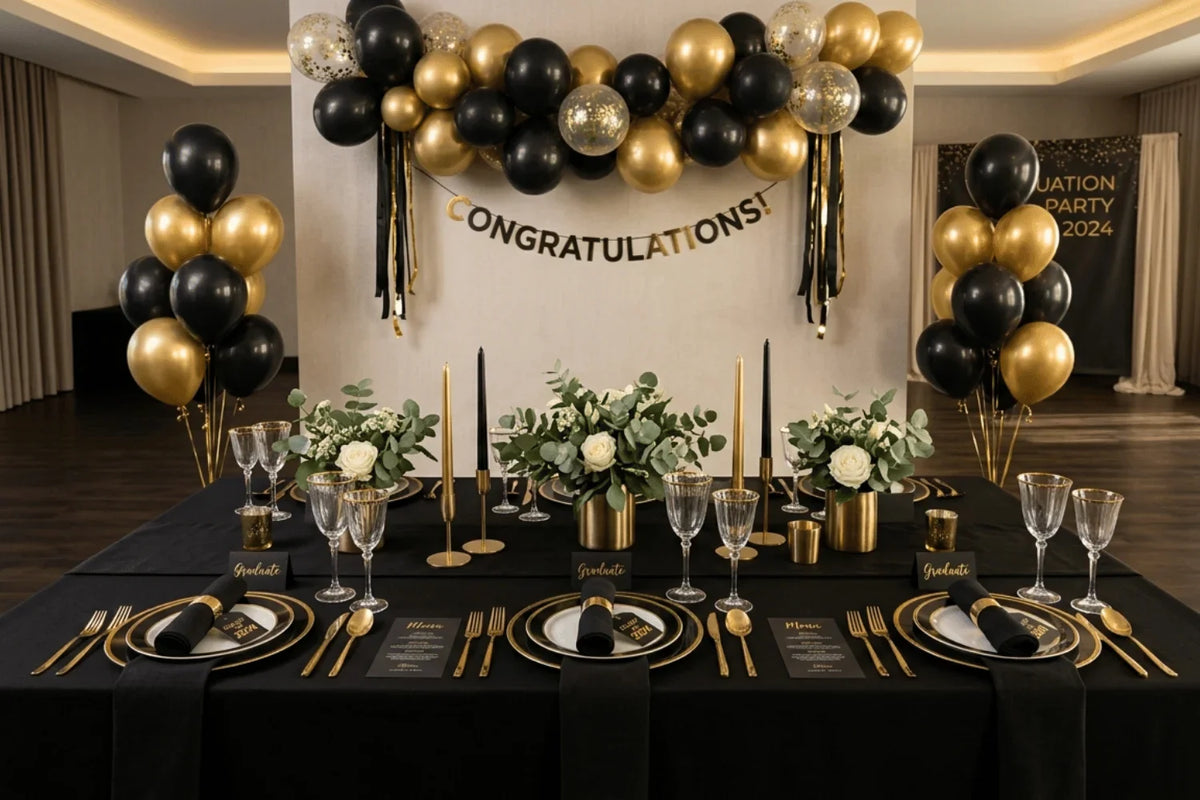 Gold-themed graduation party setup with elegant table styling and warm lighting