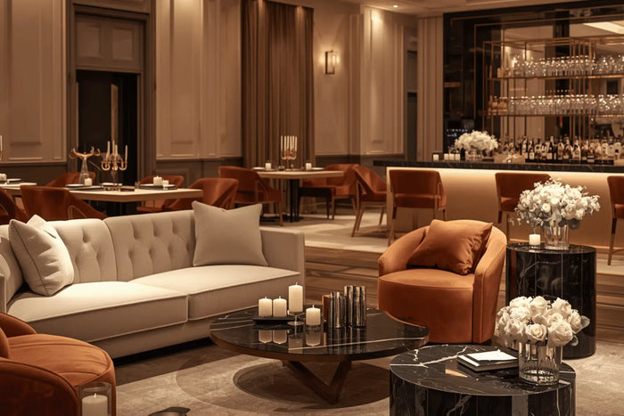 Elegant cocktail party setup with lounge seating, candlelight, floral arrangements, cocktail tables, and a styled bar area.