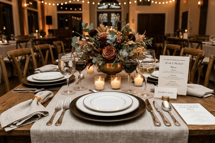 A festive  Christmas table setting with pine cones, candles, and a decorative napkin.