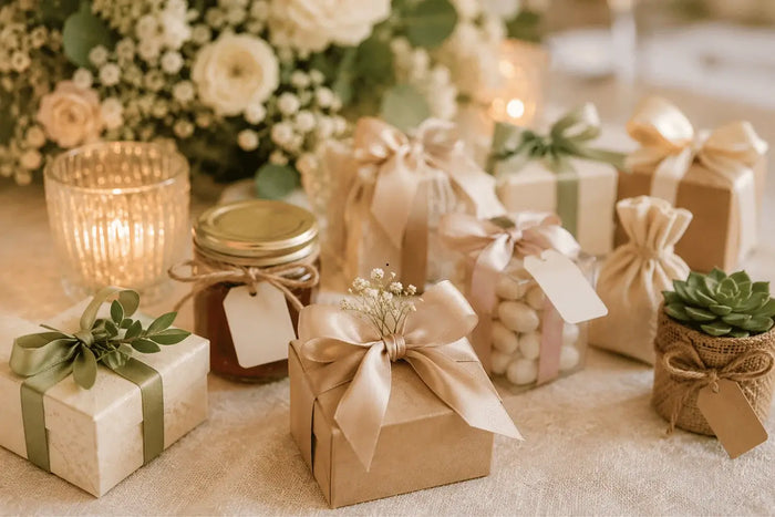 Assorted party favors including gift boxes, candles, sweets, honey jars