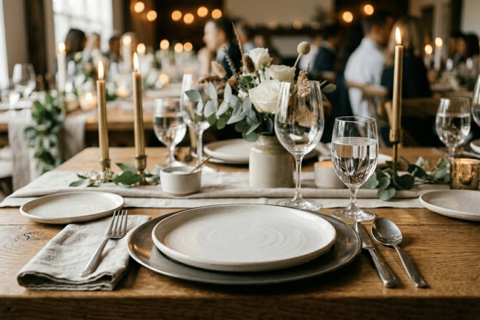 event table setup with charger plates and dinner plates arranged in a polished, modern style.