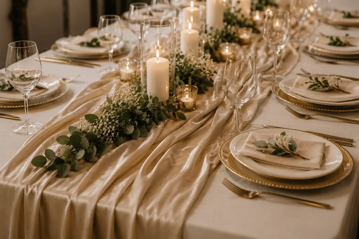 Elegant banquet table setup with a champagne satin table runner, candle centerpieces, soft greenery, gold-rimmed plates