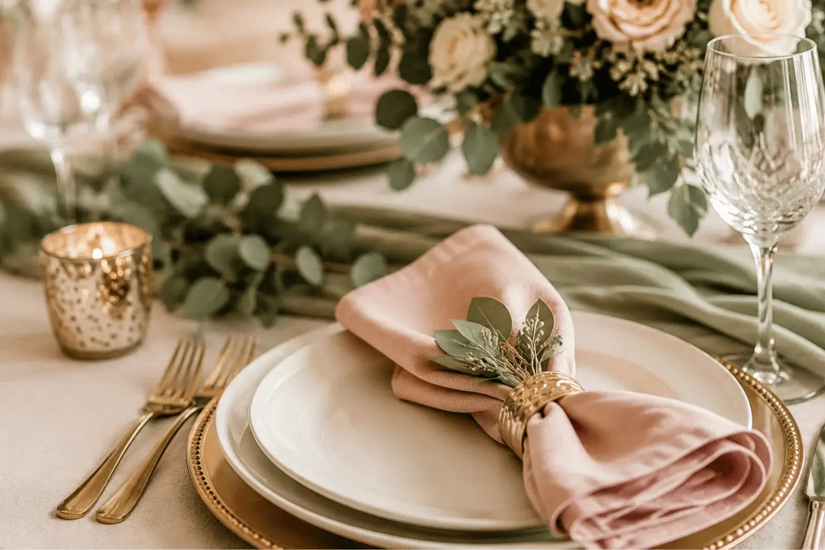 Elegant event table setup with blush pink fabric napkin, gold charger plate, floral centerpiece, and glassware for formal dining celebration