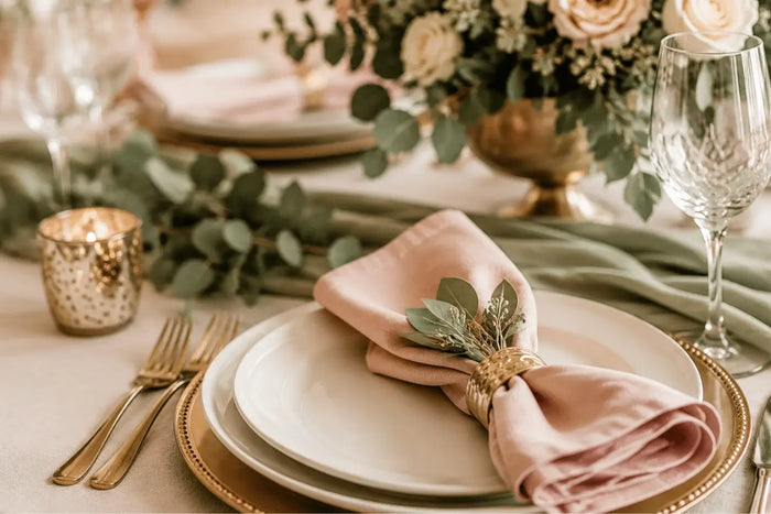Elegant event table setup with blush pink fabric napkin, gold charger plate, floral centerpiece, and glassware for formal dining celebration