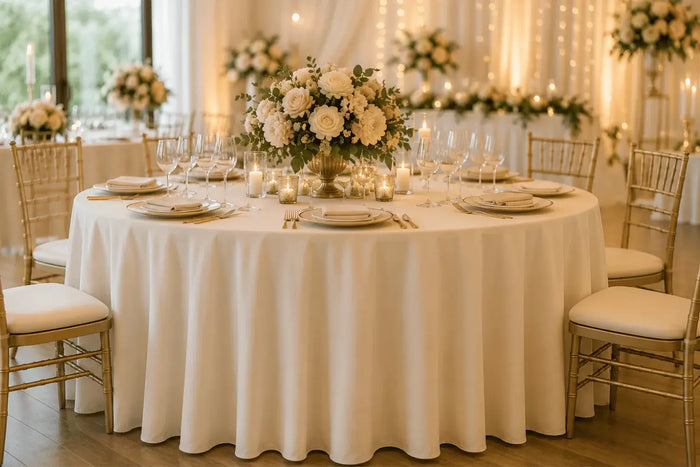 Elegant wedding reception table with full-length ivory tablecloth, floral centerpiece, candles, and gold chiavari chairs in a formal event venue.
