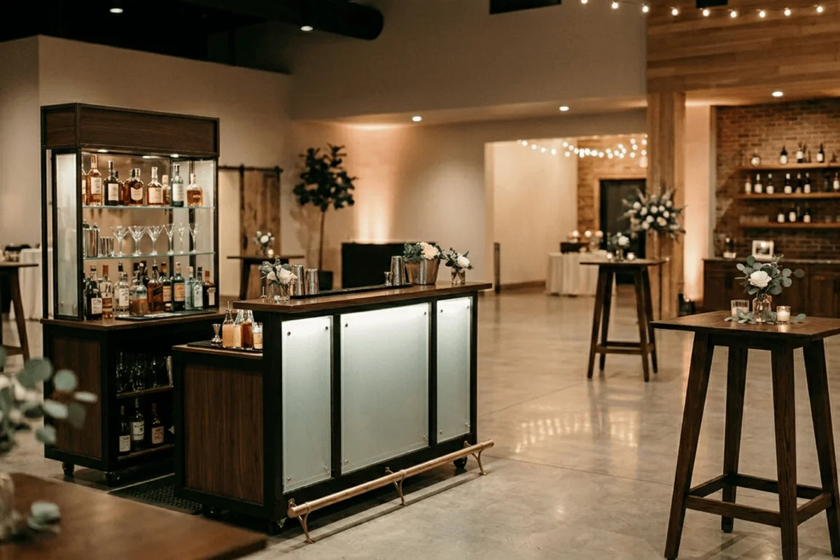 event setup featuring a portable bar unit placed within a well-designed venue