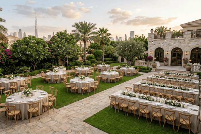  event setup in a Dubai villa garden during golden hour,
