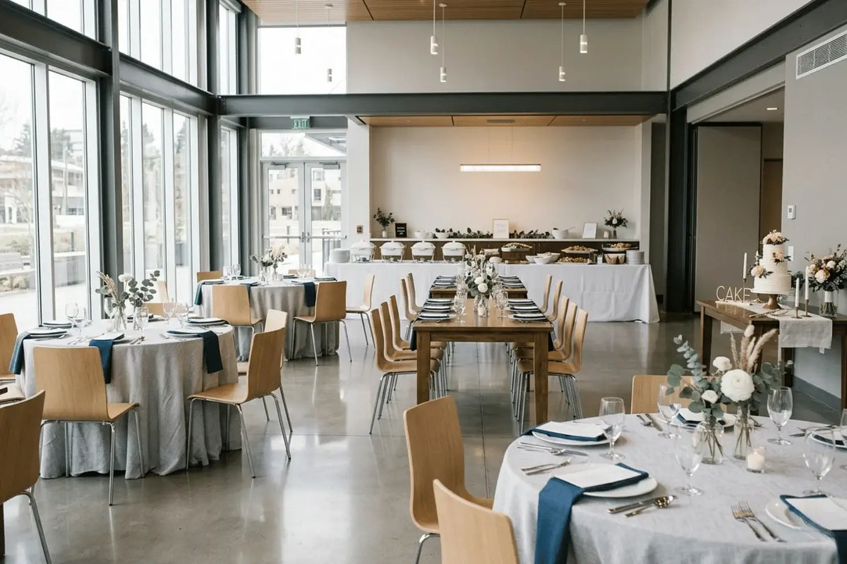 event setup in a modern indoor venue, showing a cohesive layout with round and rectangular dining tables arranged neatly with tableware and simple centerpieces in the foreground