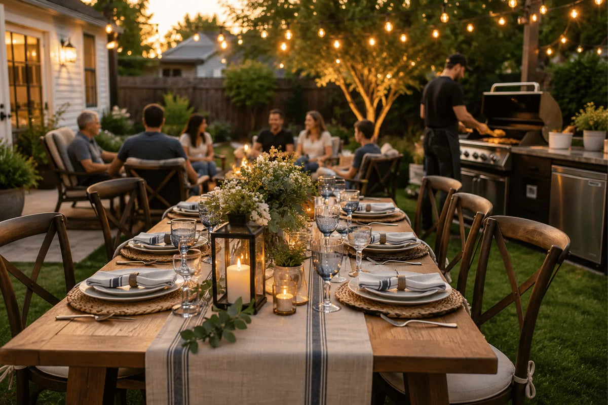 Family and friends enjoying a Father's Day backyard gathering with an outdoor dining table, barbecue, and evening lighting.